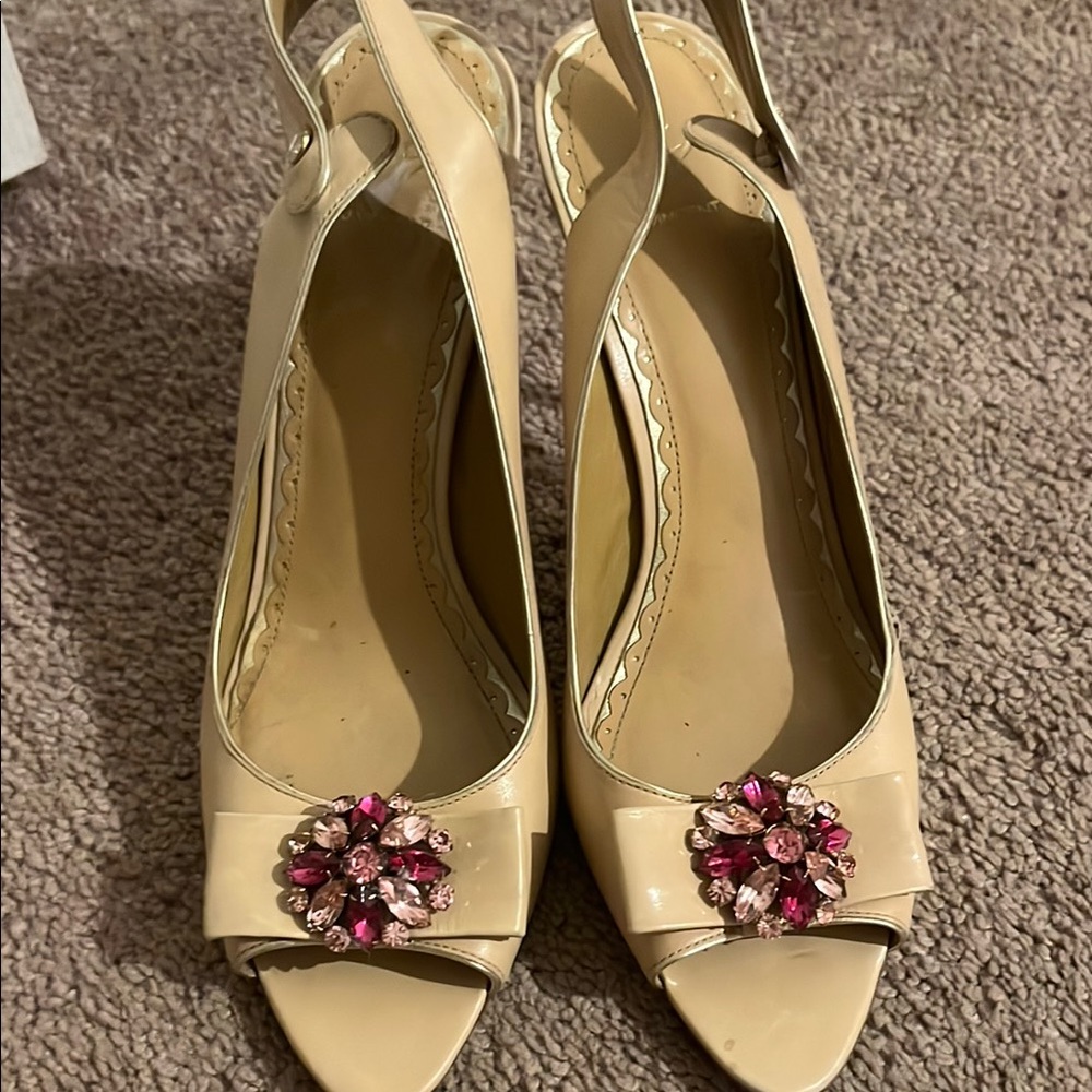 Vero Cuoio Cocktail Beige Slingback Heels with Pink Floral 8 med Italy
